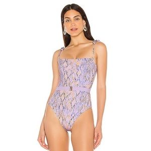 L*SPACE Lockhart Belted One Piece Swimsuit in Purple Snakeskin Pattern